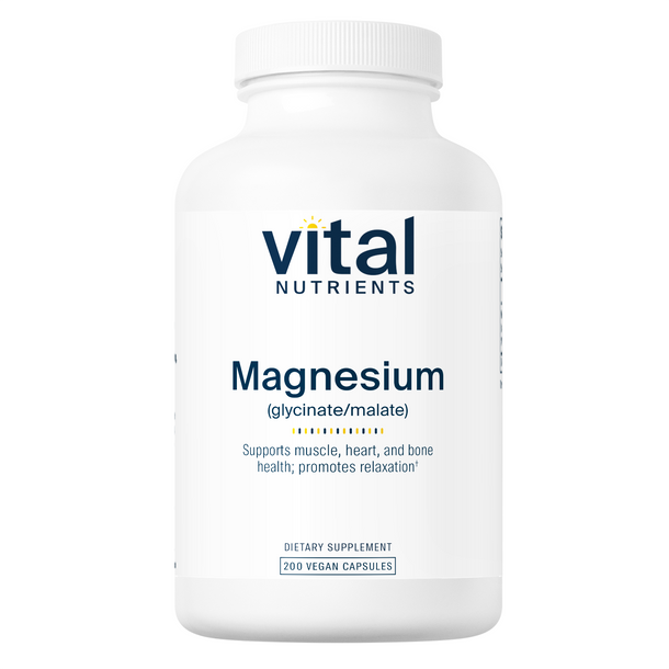 A bottle of Vital Nutrients Magnesium (glycinate/malate) 120mg dietary supplement with 200 vegan capsules.