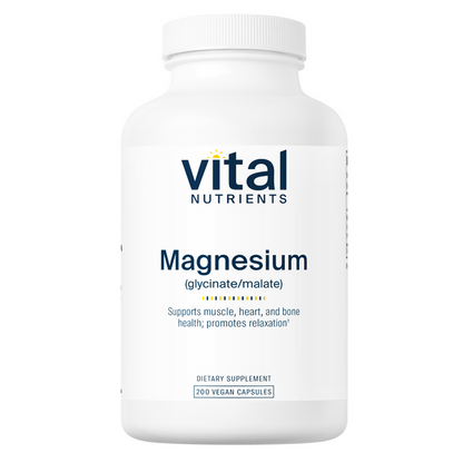 A bottle of Vital Nutrients Magnesium (glycinate/malate) 120mg dietary supplement with 200 vegan capsules.
