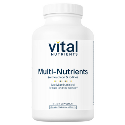 A bottle of Vital Nutrients Multi-Nutrients supplement with the label indicating it is a multivitamin/mineral formula without iron or iodine, in vegetarian capsules.