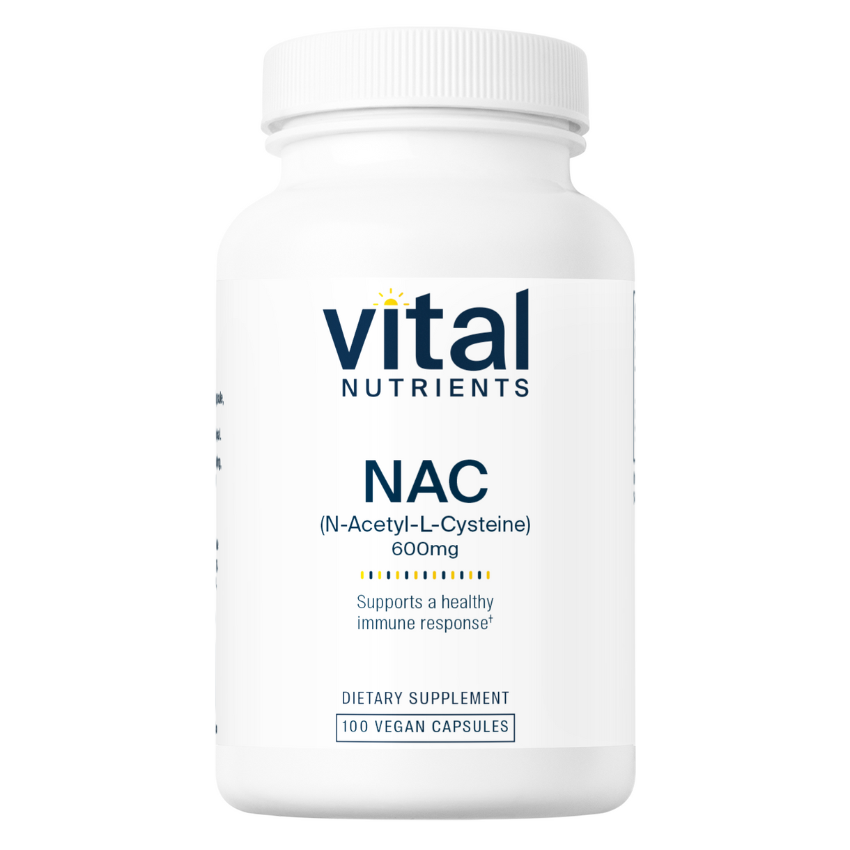 A bottle of Vital Nutrients NAC (N-Acetyl Cysteine) 600mg dietary supplement containing 100 vegan capsules.
