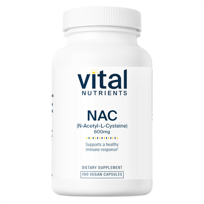 A bottle of Vital Nutrients NAC (N-Acetyl Cysteine) 600mg dietary supplement containing 100 vegan capsules.
