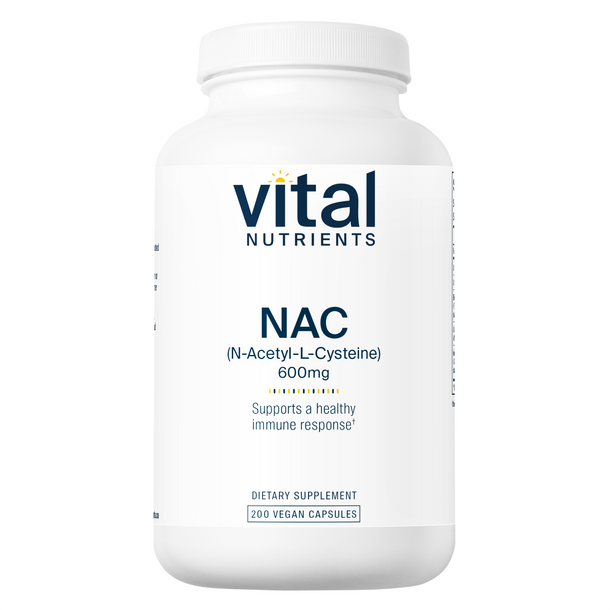 A bottle of Vital Nutrients NAC (N-Acetyl Cysteine) 600mg dietary supplement containing 200 vegan capsules.
