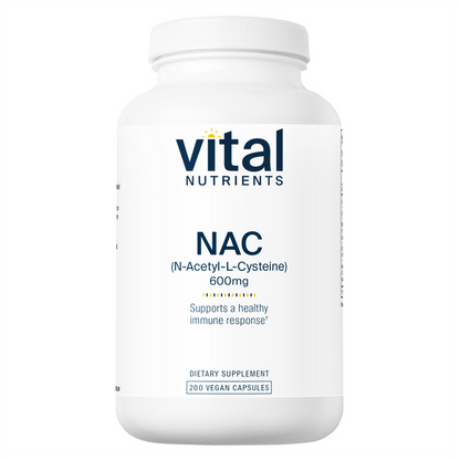 A bottle of Vital Nutrients NAC (N-Acetyl Cysteine) 600mg dietary supplement containing 200 vegan capsules.
