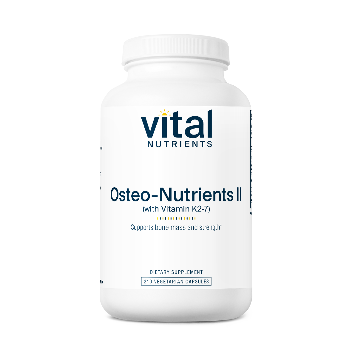 A white bottle with a blue label that reads 'Vital Nutrients Osteo-Nutrients II with Vitamin K2-7'.