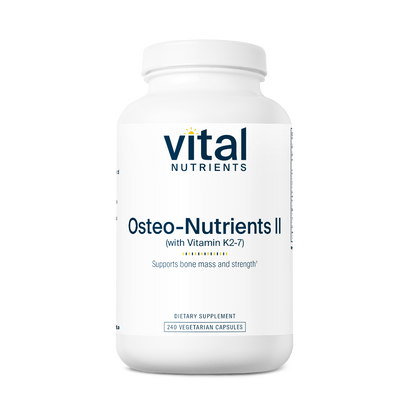 A white bottle with a blue label that reads 'Vital Nutrients Osteo-Nutrients II with Vitamin K2-7'.