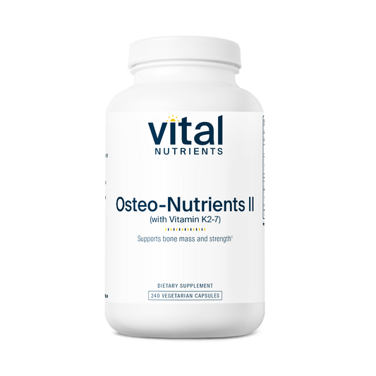 A white bottle with a blue label that reads 'Vital Nutrients Osteo-Nutrients II with Vitamin K2-7'.