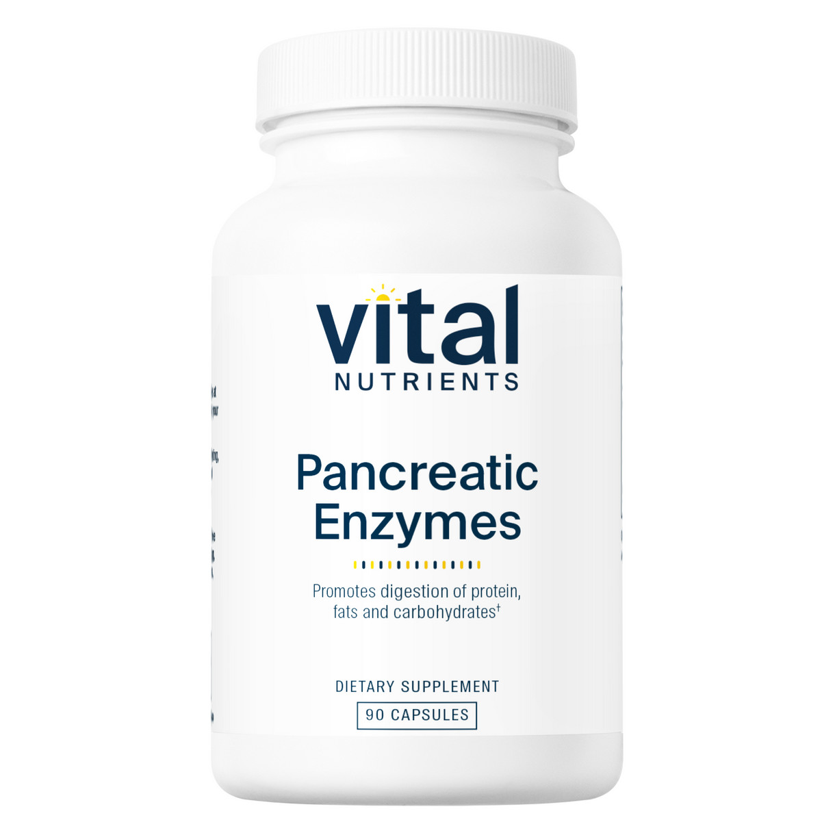 A bottle of Vital Nutrients Pancreatic Enzymes 1000mg dietary supplement with 90 capsules.