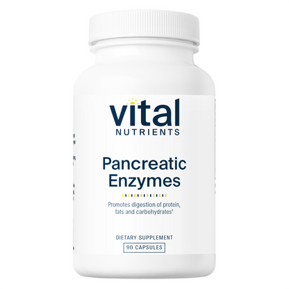 A bottle of Vital Nutrients Pancreatic Enzymes 1000mg dietary supplement with 90 capsules.