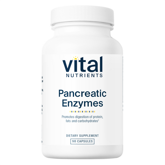 A bottle of Vital Nutrients Pancreatic Enzymes 1000mg dietary supplement with 90 capsules.