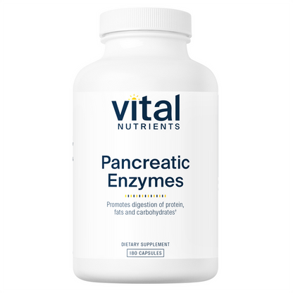 A bottle of Vital Nutrients Pancreatic Enzymes 1000mg dietary supplement with 180 capsules.