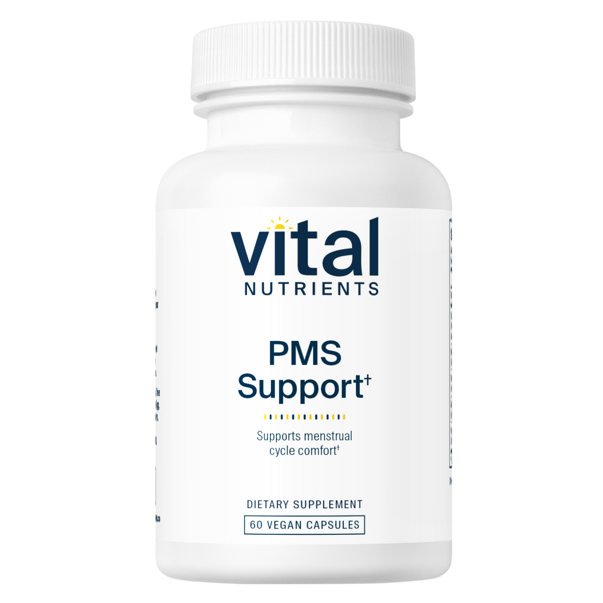 A bottle of Vital Nutrients PMS Support dietary supplement with 30 vegan capsules.