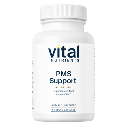 A bottle of Vital Nutrients PMS Support dietary supplement with 30 vegan capsules.