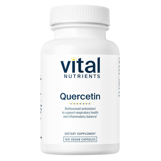 A bottle of Vital Nutrients Quercetin 250mg dietary supplement with 100 vegan capsules.