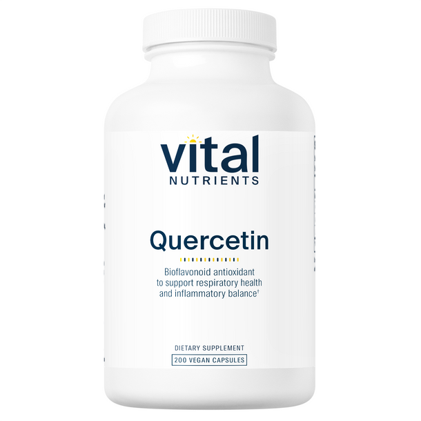 A bottle of Vital Nutrients Quercetin 250mg dietary supplement with 200 vegan capsules.