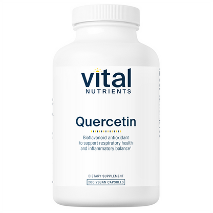 A bottle of Vital Nutrients Quercetin 250mg dietary supplement with 200 vegan capsules.