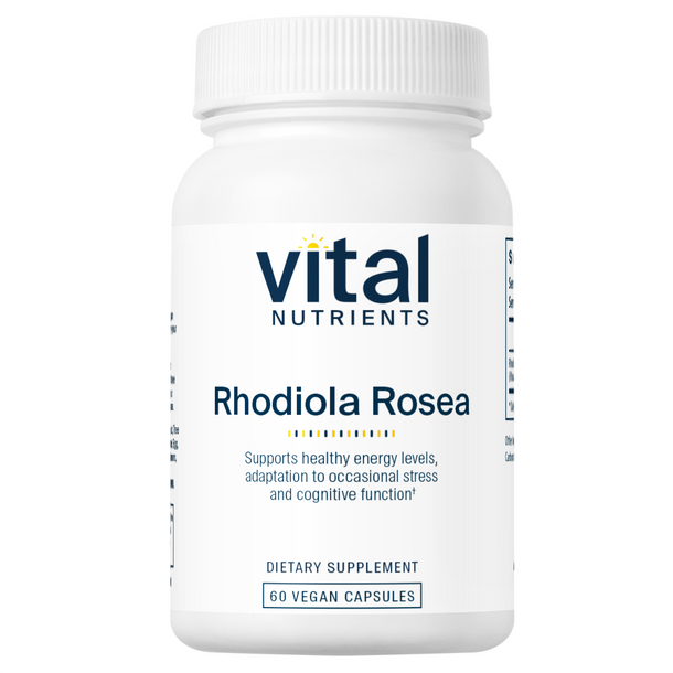 A bottle of Vital Nutrients Rhodiola Rosea dietary supplement with 60 vegan capsules.