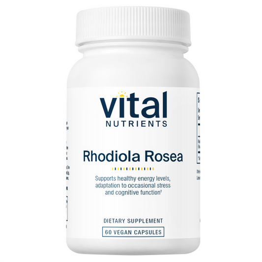 A bottle of Vital Nutrients Rhodiola Rosea dietary supplement with 60 vegan capsules.