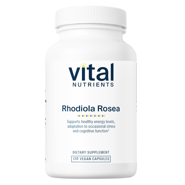 A bottle of Vital Nutrients Rhodiola Rosea dietary supplement with 120 vegan capsules.