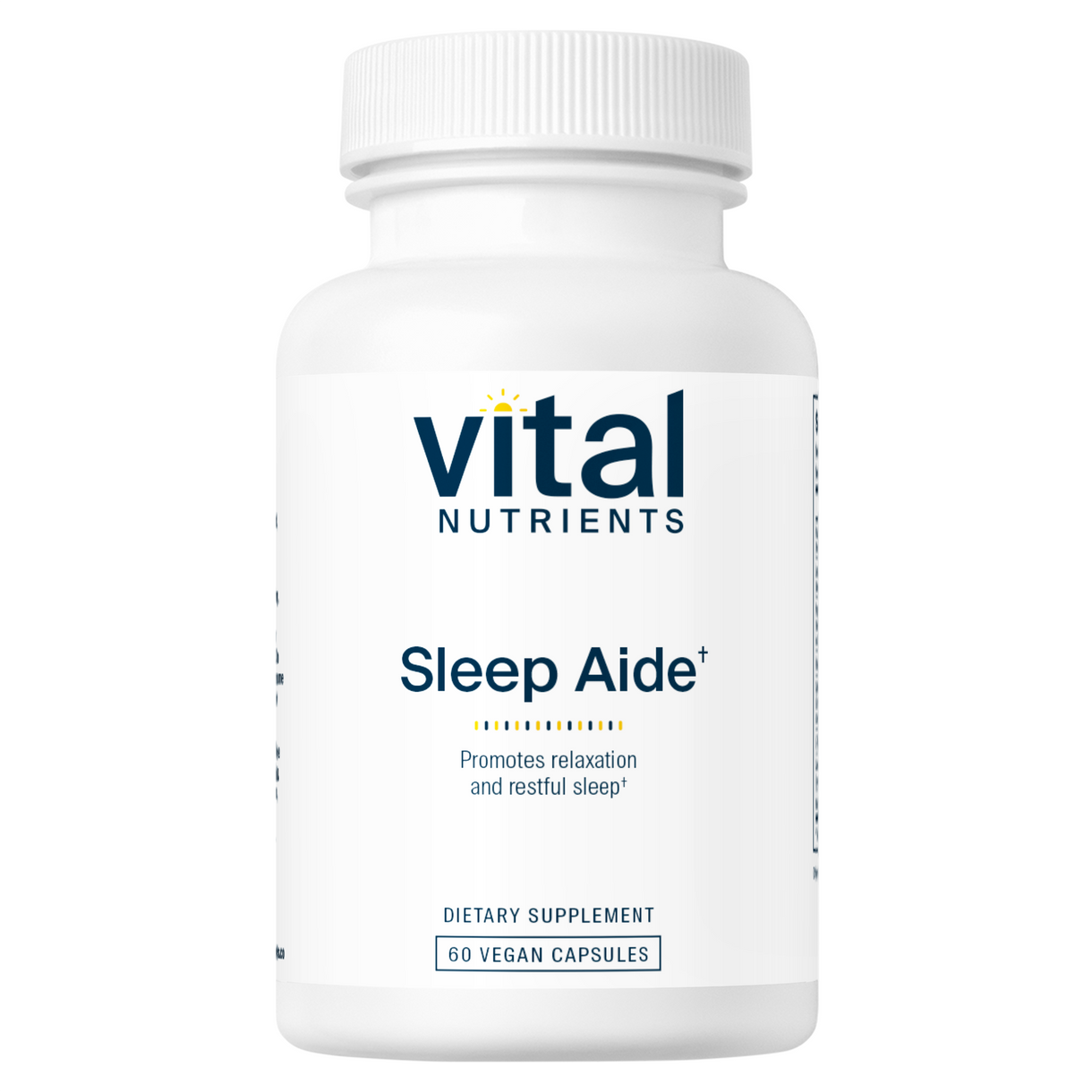 A white bottle with a blue and red label, labeled 'Vital Nutrients Sleep Aide, 50 vegan capsules, dietary supplement'.