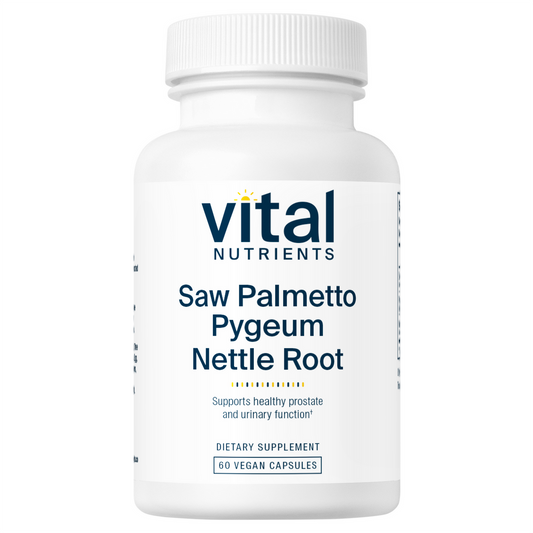 A bottle of Vital Nutrients Saw Palmetto Pygeum Nettle Root dietary supplement with 60 vegan capsules.