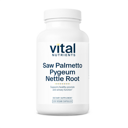 A bottle of Vital Nutrients Saw Palmetto Pygeum Nettle Root dietary supplement with 120 vegan capsules.