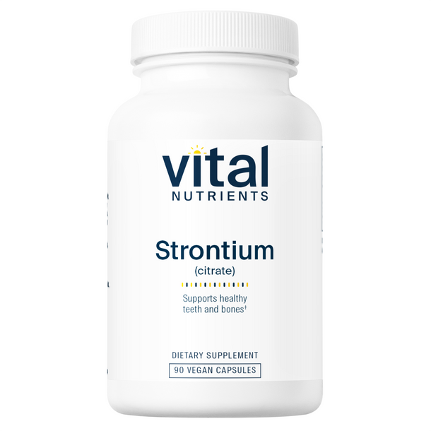 A bottle of Vital Nutrients Strontium (citrate) supplement with 90 vegan capsules, labeled for supporting healthy teeth and bones.