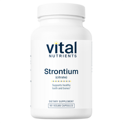 A bottle of Vital Nutrients Strontium (citrate) supplement with 90 vegan capsules, labeled for supporting healthy teeth and bones.