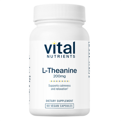 A bottle of Vital Nutrients L-Theanine 200 mg dietary supplement with 60 vegan capsules.
