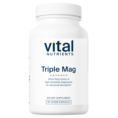 A bottle of Vital Nutrients Triple Mag supplement with 90 vegan capsules for dietary intake.