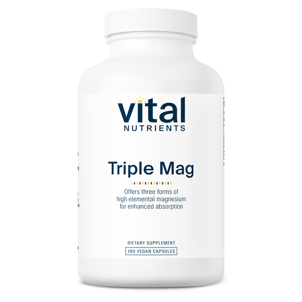 A bottle of Vital Nutrients Triple Mag supplement with 180 vegan capsules for dietary intake.