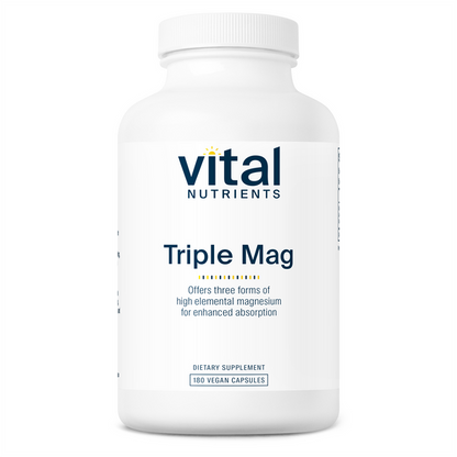 A bottle of Vital Nutrients Triple Mag supplement with 180 vegan capsules for dietary intake.