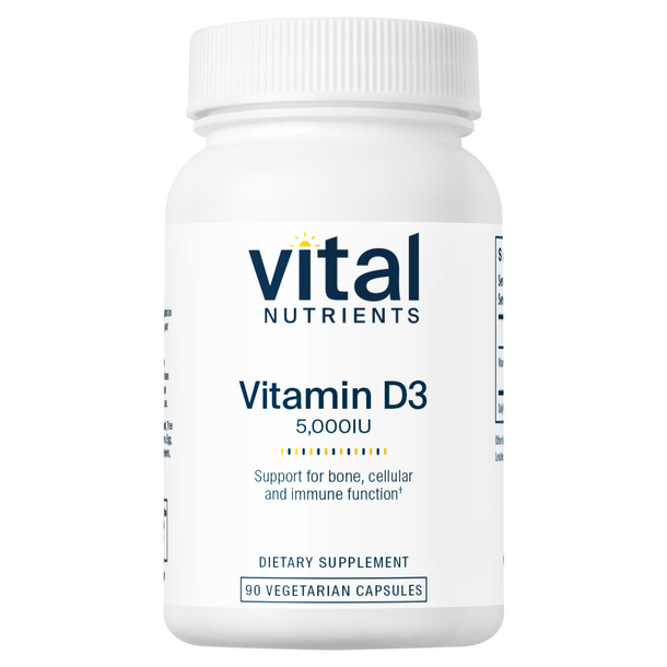 A bottle of Vital Nutrients Vitamin D3 5000IU dietary supplement with white labeling.