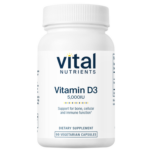 A bottle of Vital Nutrients Vitamin D3 5000IU dietary supplement with white labeling.