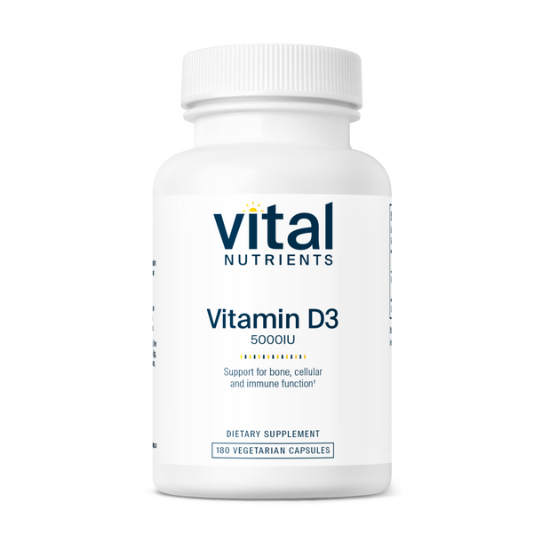 A bottle of Vital Nutrients Vitamin D3 5000IU dietary supplement with white labeling.