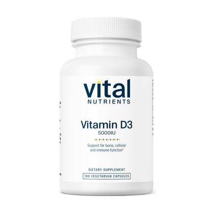 A bottle of Vital Nutrients Vitamin D3 5000IU dietary supplement with white labeling.