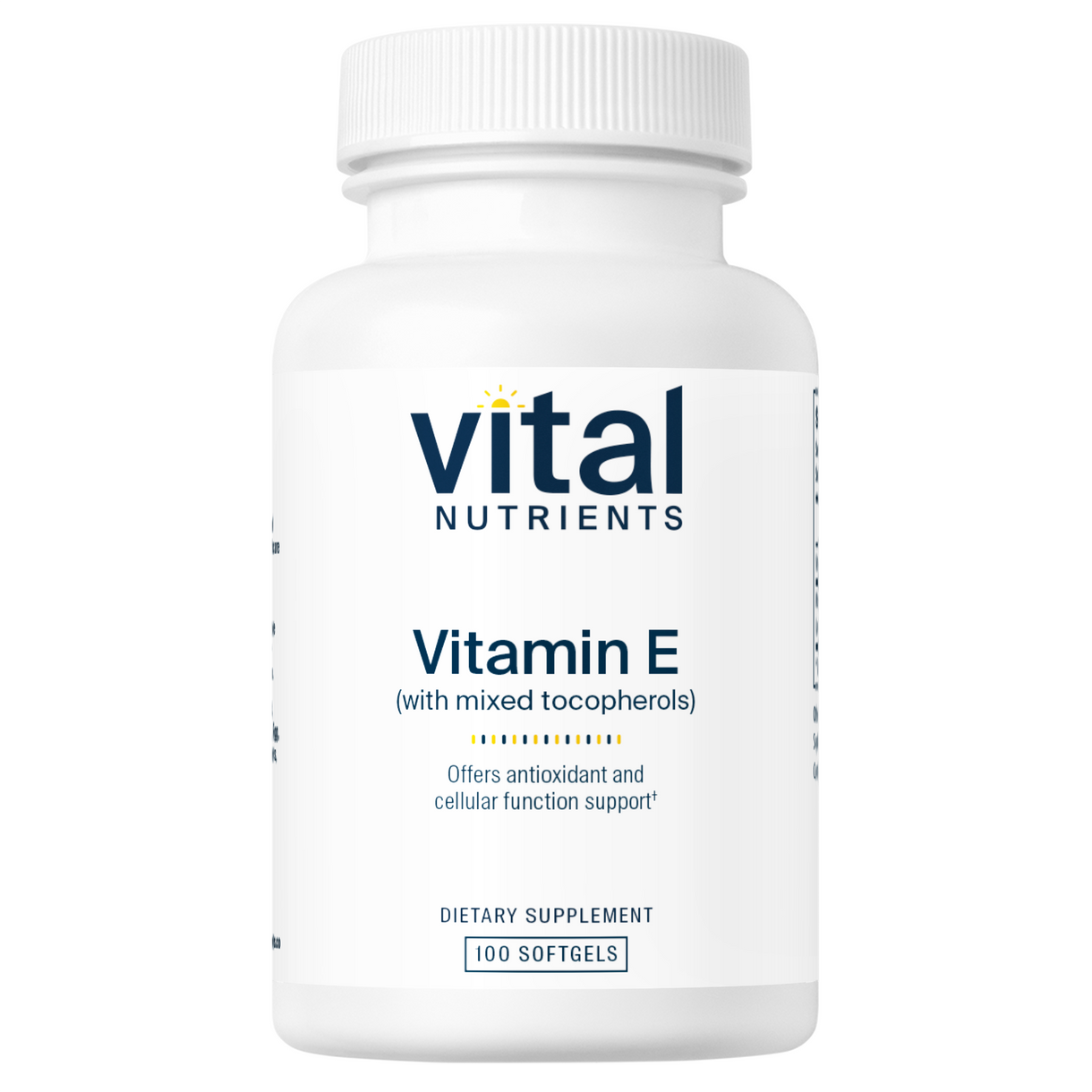 A bottle of Vital Nutrients Vitamin E 400 with mixed tocopherols dietary supplement.
