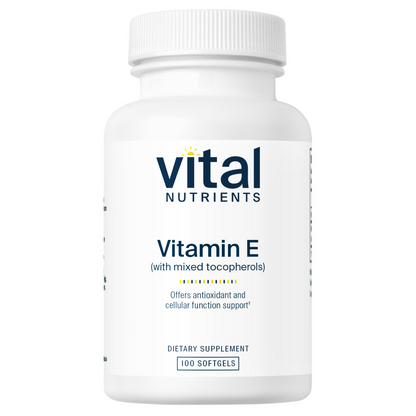 A bottle of Vital Nutrients Vitamin E 400 with mixed tocopherols dietary supplement.