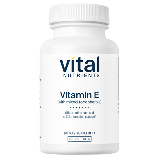 A bottle of Vital Nutrients Vitamin E 400 with mixed tocopherols dietary supplement.