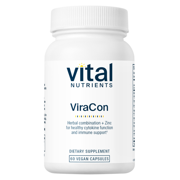 A bottle of Vital Nutrients ViraCon dietary supplement with 60 vegan capsules for immune support.