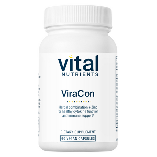 A bottle of Vital Nutrients ViraCon dietary supplement with 60 vegan capsules for immune support.