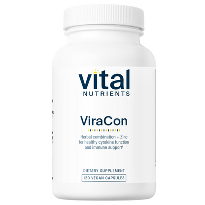 A bottle of Vital Nutrients ViraCon dietary supplement with 120 vegan capsules for immune support.