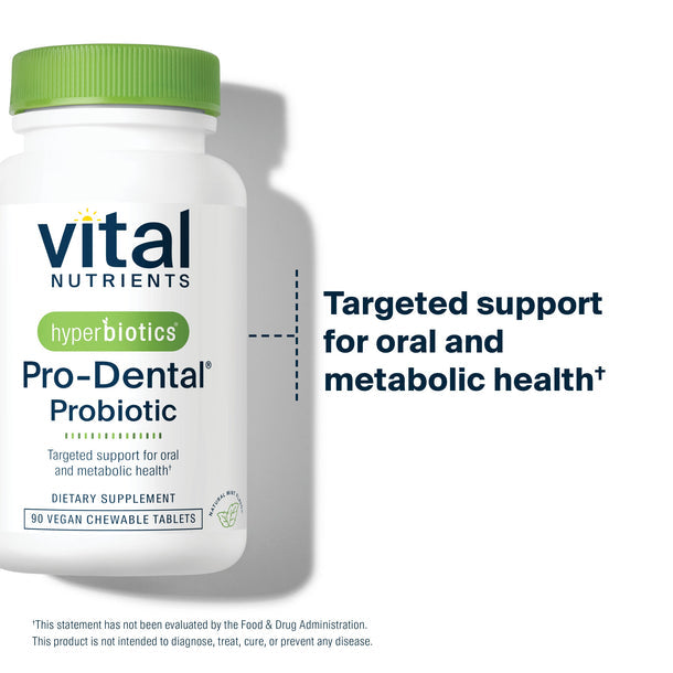 A bottle of Vital Nutrients Hyperbiotics Pro-Dental Probiotic with green lid, containing 90 vegan chewable tablets for oral and digestive health.