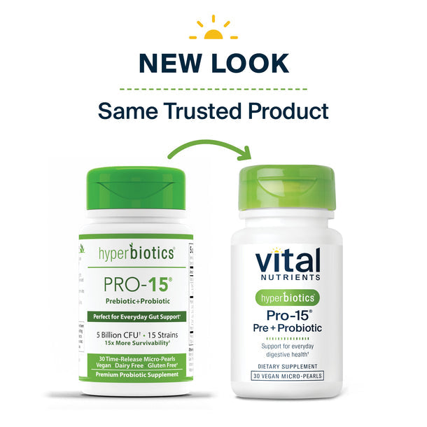 A picture comparing the new look of the Pro-15 Pre+Pro Biotic bottle