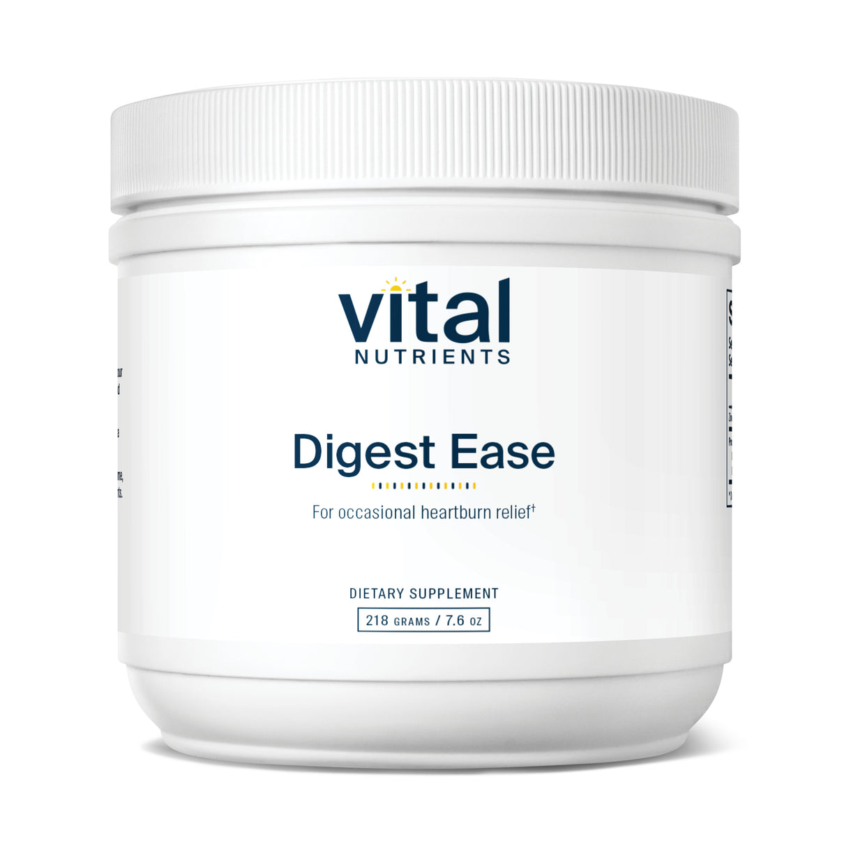 A white container of Vital Nutrients Digest Ease dietary supplement powder for occasional heartburn relief.