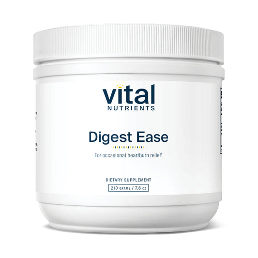 A white container of Vital Nutrients Digest Ease dietary supplement powder for occasional heartburn relief.