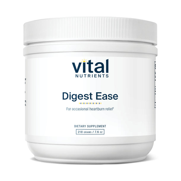 A white container of Vital Nutrients Digest Ease dietary supplement powder for occasional heartburn relief.