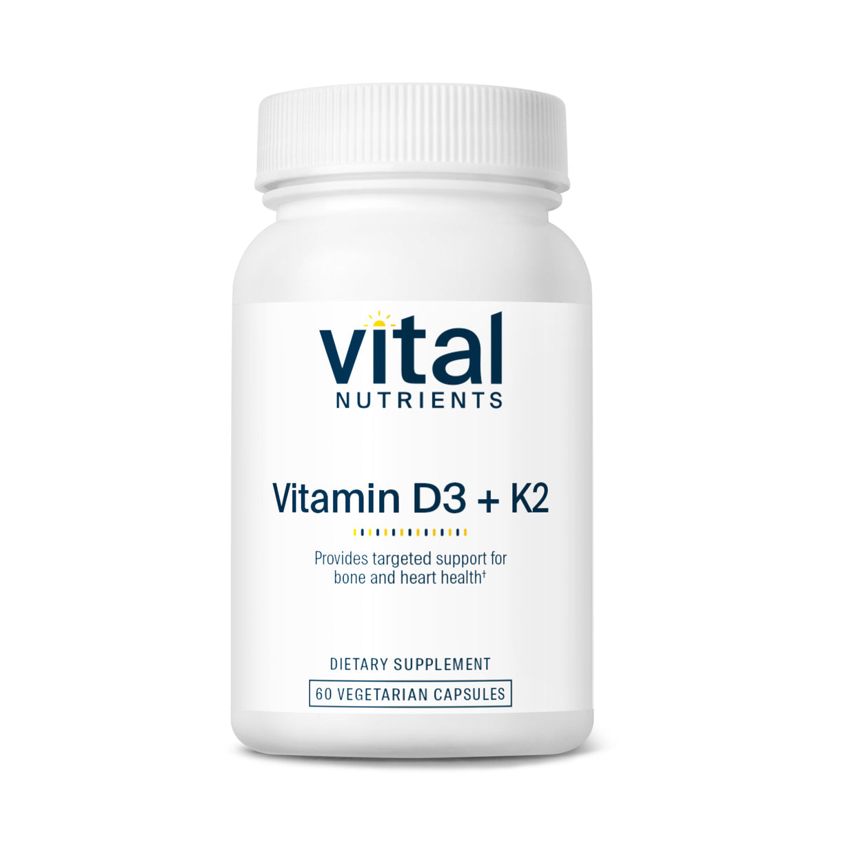 A bottle of Vital Nutrients Vitamin D3 + K2 dietary supplement with 60 vegetarian capsules.