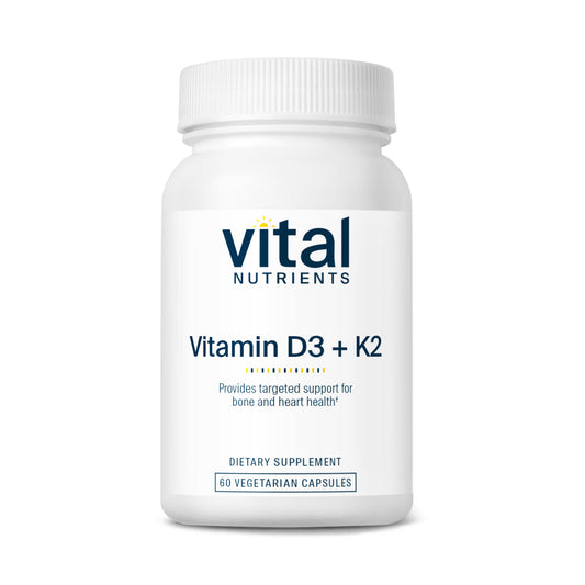 A bottle of Vital Nutrients Vitamin D3 + K2 dietary supplement with 60 vegetarian capsules.