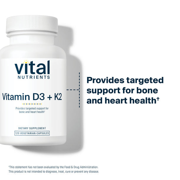 A bottle of Vital Nutrients Vitamin D3 + K2 dietary supplement with 120 vegetarian capsules.