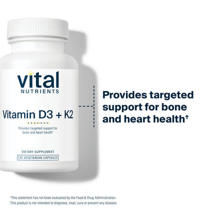 A bottle of Vital Nutrients Vitamin D3 + K2 dietary supplement with 120 vegetarian capsules.